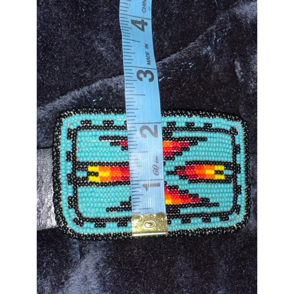VINTAGE NATIVE TURQUOISE BEADED LEATHER BELT & MATCHING BUCKLE
